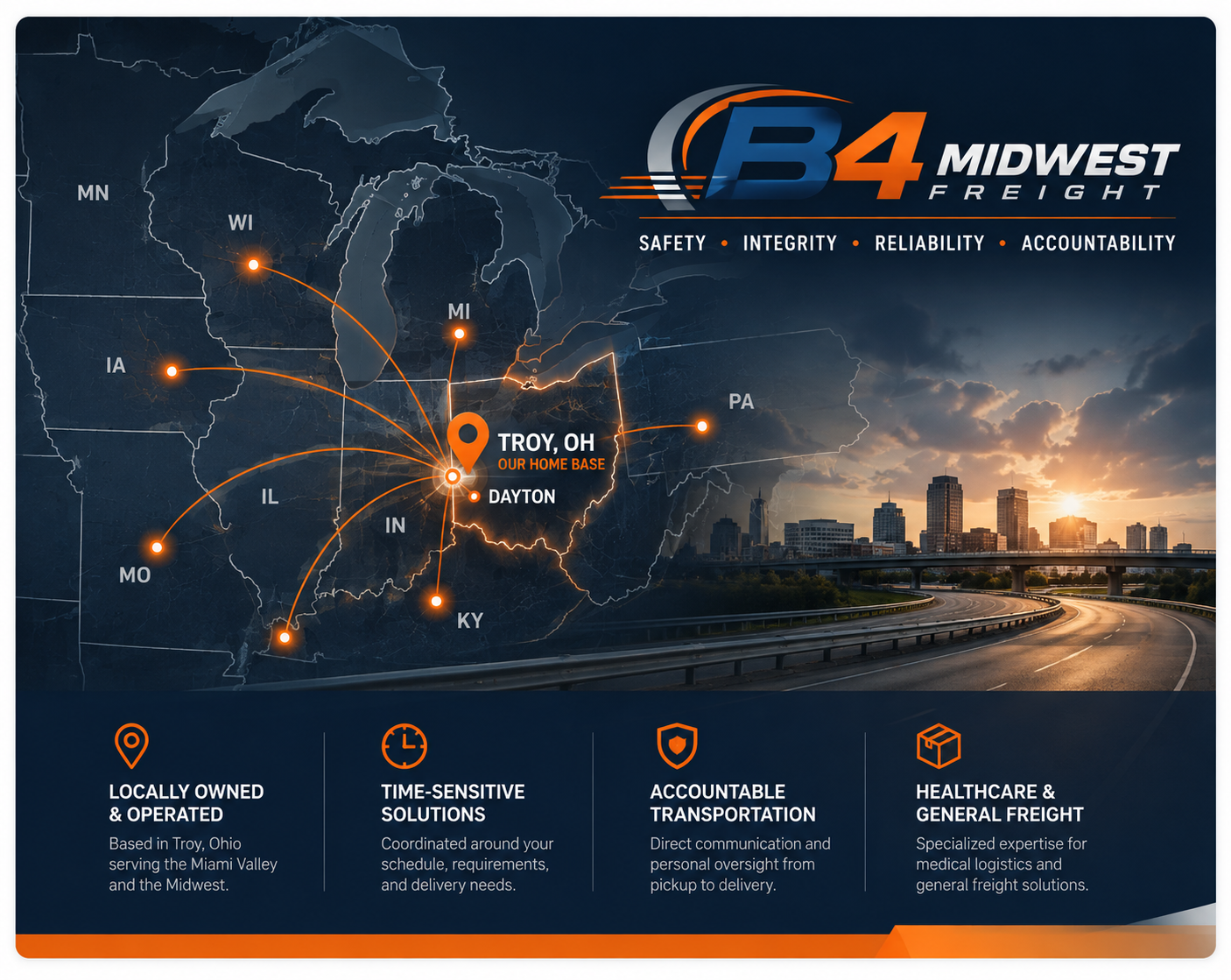 B4 Midwest Freight regional transportation network, Dayton and Troy Ohio hub logistics map